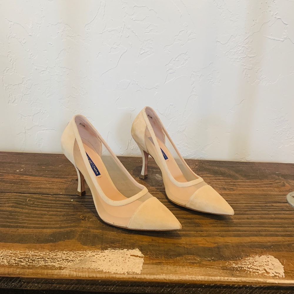 Stuart Weitzman nude mesh and suede heels